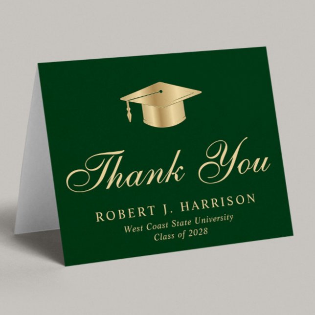 Elegant Gold Grad Cap Green Graduation Thank You Card (Creator Uploaded)
