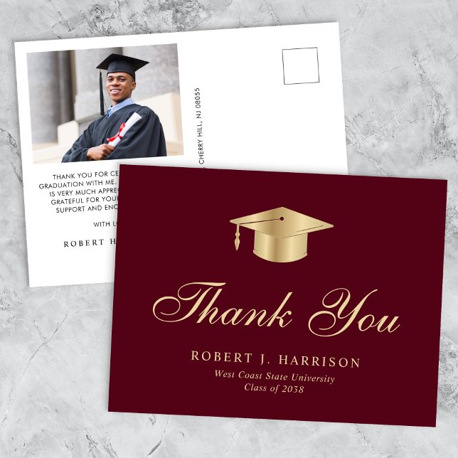 Elegant Gold Grad Cap Photo Graduation Thank You Postcard (An elegant photo graduation thank you card to show gratitude to friends and family for their support)