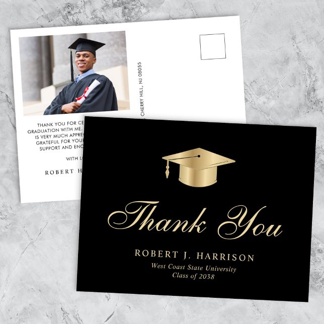 Elegant Gold Grad Cap Photo Graduation Thank You Postcard (An elegant photo graduation thank you card to show gratitude to friends and family for their support)