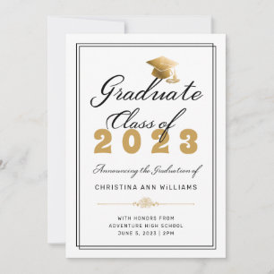 Elegant Gold Grad Cap White Graduate Class of 2023 Announcement