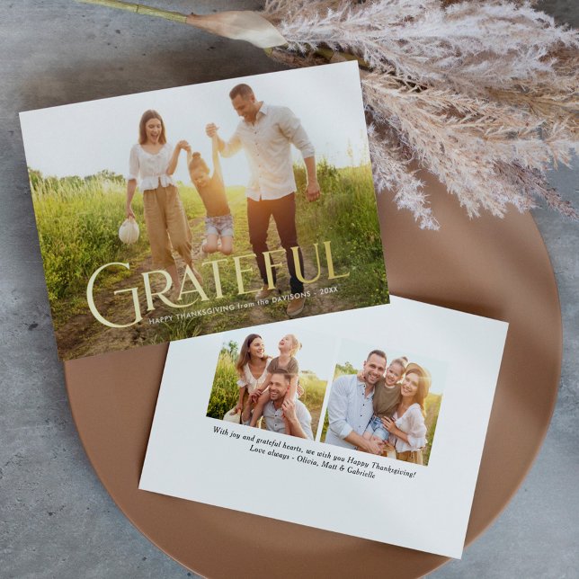Elegant Gold Grateful Family Photo Foil Holiday Card (Creator Uploaded)