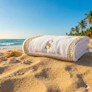 Elegant Gold Greek Key Monogram Personalised Beach Towel