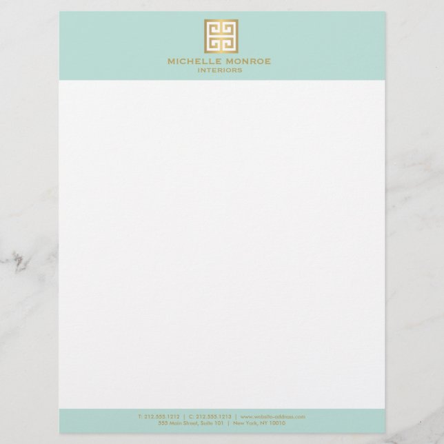 Elegant Gold Greek Key on Mint Interior Designer Custom Letterhead (Front)