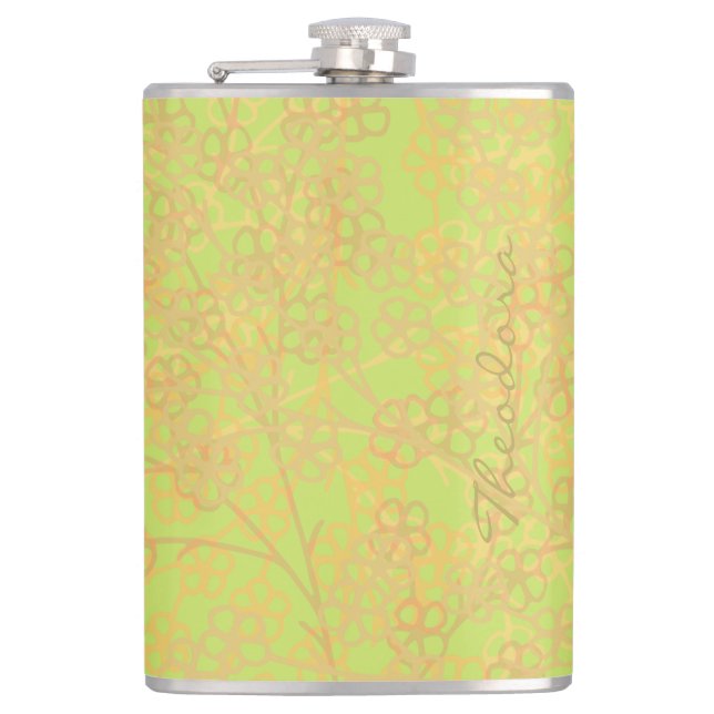 Elegant Gold Green Abstract Floral Hip Flask (Front)