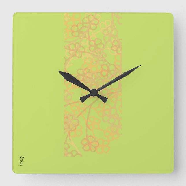 Elegant Gold Green Abstract Floral Pattern Square Wall Clock (Front)