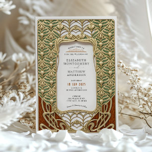 Elegant Gold & Green Art Nouveau Wedding Invitation