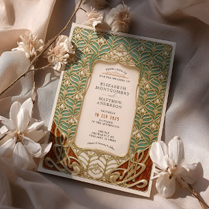 Elegant Gold & Green Art Nouveau Wedding Invitation