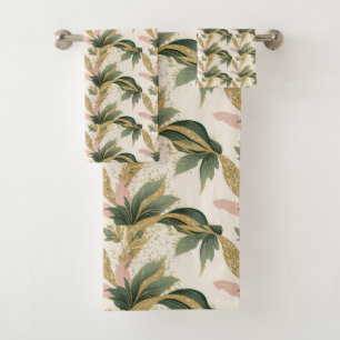 Elegant Gold & Green Botanical Leaf Pattern Bath Towel Set