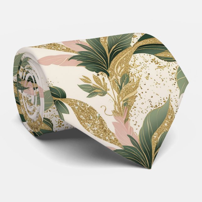 Elegant Gold & Green Botanical Leaf Pattern Tie (Rolled)