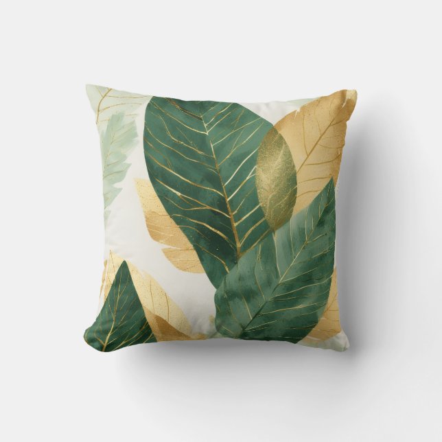 Elegant Gold & Green Botanical Leaves Throw Pillow (Front)