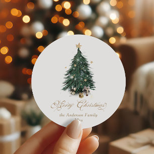 Elegant Gold Green Christmas tree Classic Round Sticker