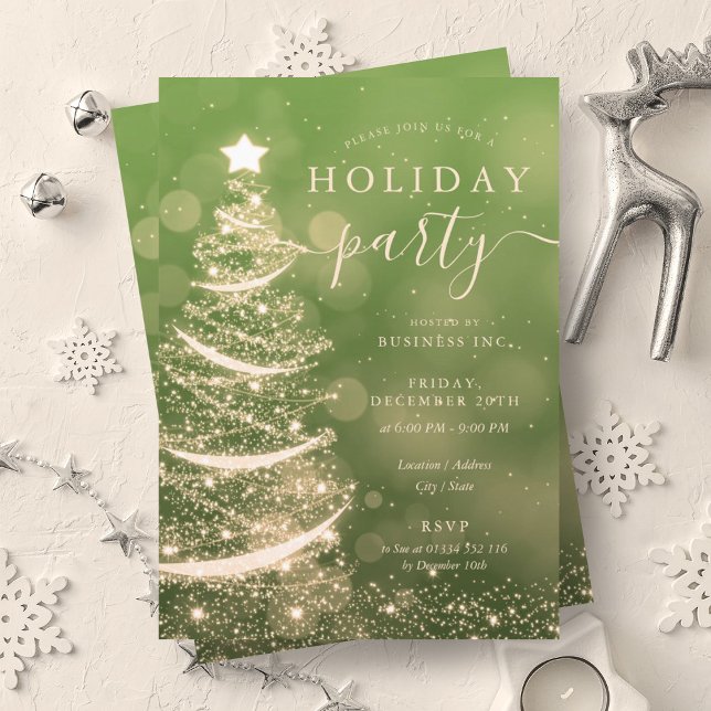 Elegant Gold Green Christmas Tree Company Holiday  Invitation (Elegant Gold Green Christmas Tree Company Holiday Invitation)