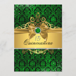 Elegant Gold Green Damask Quinceanera Invite