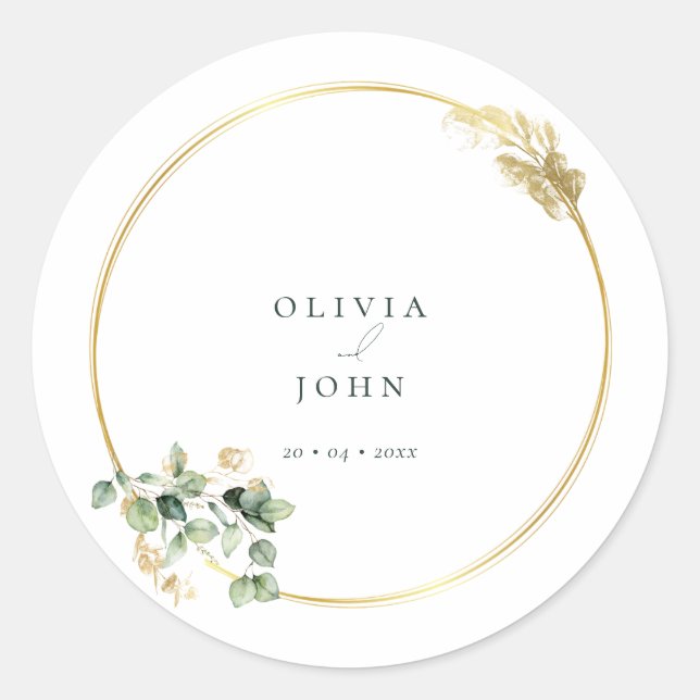 Elegant Gold Green Eucaliptus Wedding  Classic Rou Round Sticker (Front)