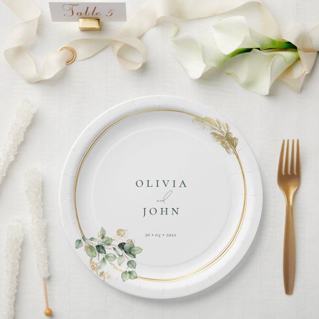 Elegant Gold Green Eucaliptus Wedding  Paper Plate (Wedding)
