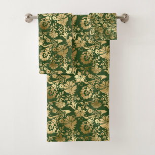 Elegant Gold Green Floral Bath Towel Set