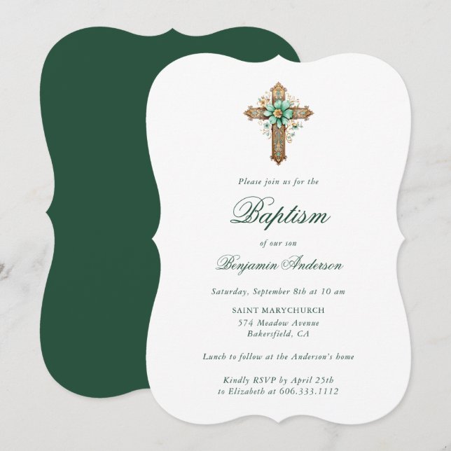 Elegant Gold Green Floral Cross Boy Baptism Invitation (Front/Back)