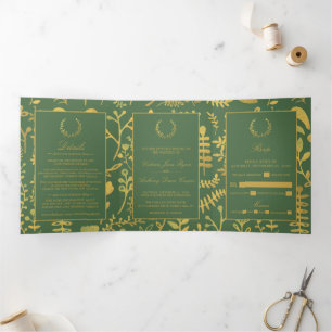 Elegant Gold & Green Floral Wreath Wedding Suite Tri-Fold Invitation