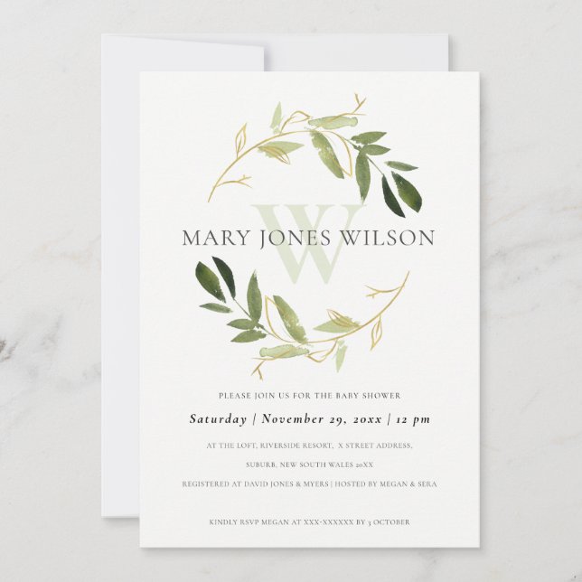 ELEGANT GOLD GREEN FOLIAGE WREATH BABY SHOWER CARD (Front)