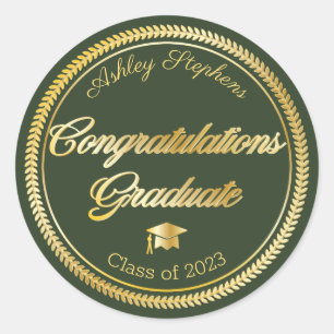 Elegant Gold   Green Grad Cap Class of 2023 Classic Round Sticker