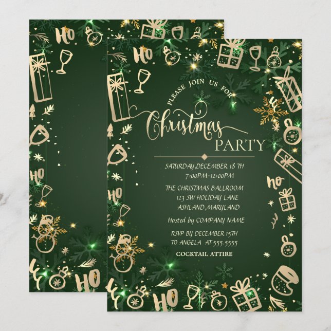 Elegant Gold Green Holiday Christmas Company Invitation (Front/Back)