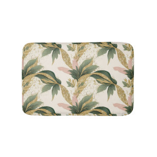 Elegant Gold & Green Leaf Pattern Touch of Pink Bath Mat
