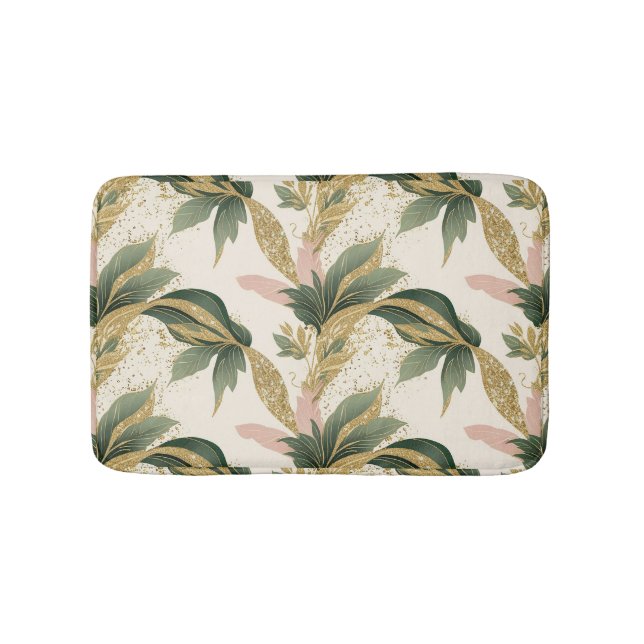 Elegant Gold & Green Leaf Pattern Touch of Pink Bath Mat (Front)