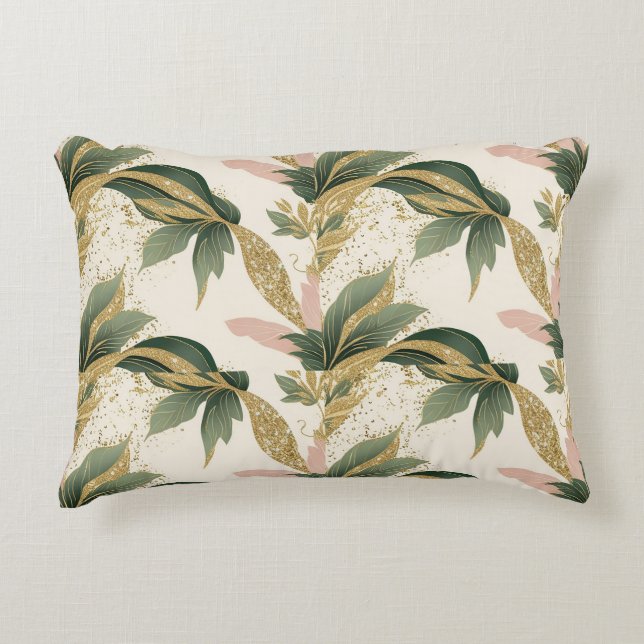 Elegant Gold & Green Leaf Pattern Touch of Pink Decorative Cushion (Front)