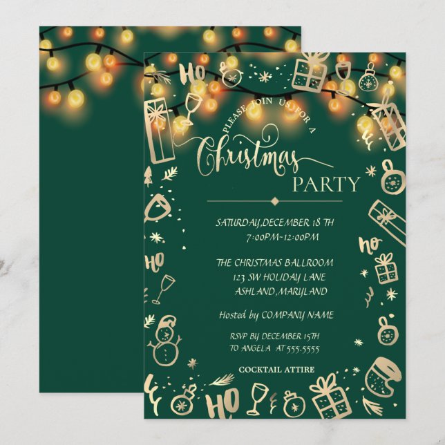 Elegant Gold Green,Lights Company Christmas Party Invitation (Front/Back)