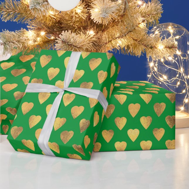 Elegant Gold Green Love Heart Pattern Christmas Wrapping Paper (Holidays)