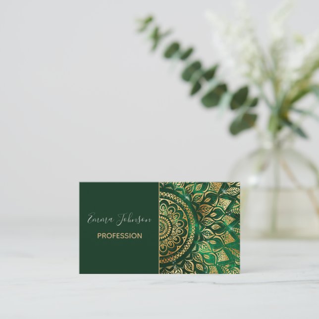 Elegant Gold Green Mandala Floral Business Card (Standing Front)