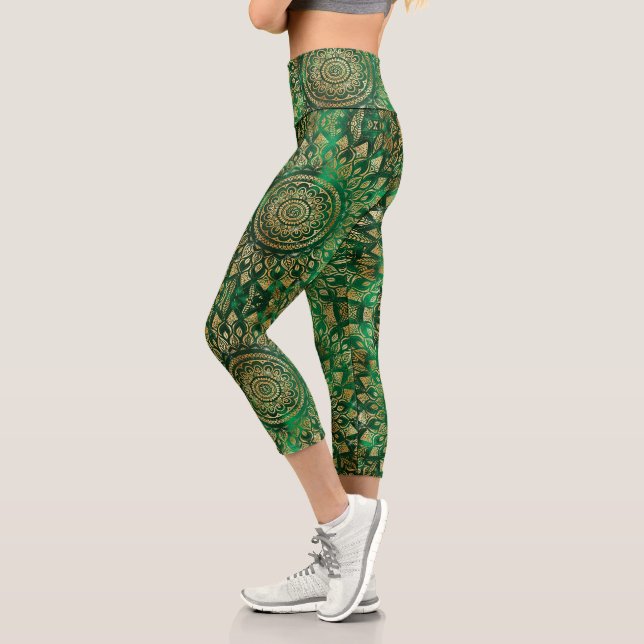 Elegant Gold Green Mandala Floral Capri Leggings (Left)
