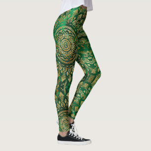 Elegant Gold Green Mandala Floral Leggings
