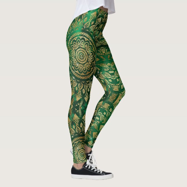 Elegant Gold Green Mandala Floral Leggings (Right)