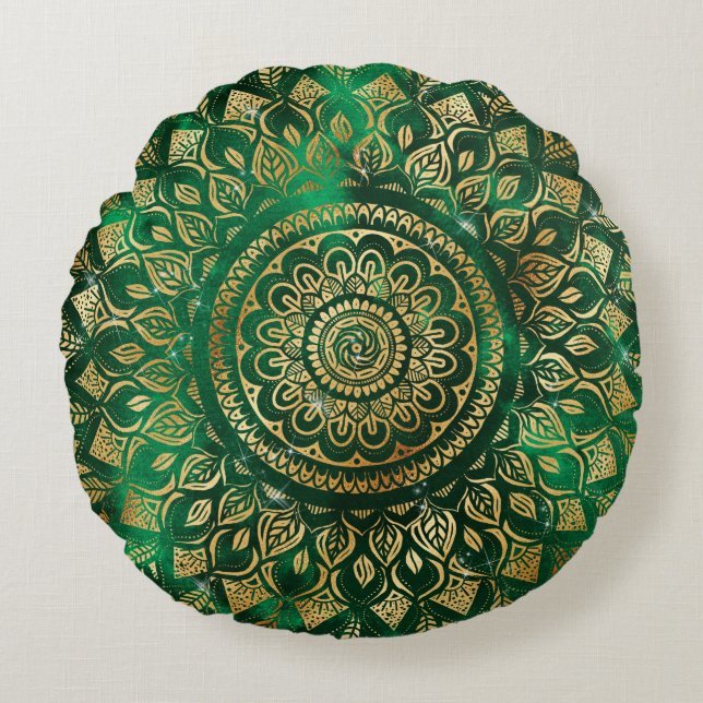 Elegant Gold Green Mandala Floral Round Cushion (Front)