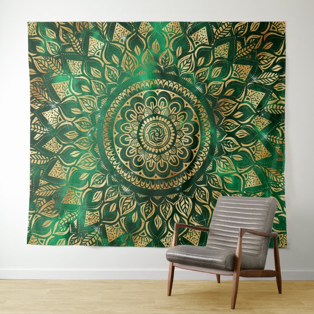 Elegant Gold Green Mandala Floral Tapestry (In Situ (Horizontal))