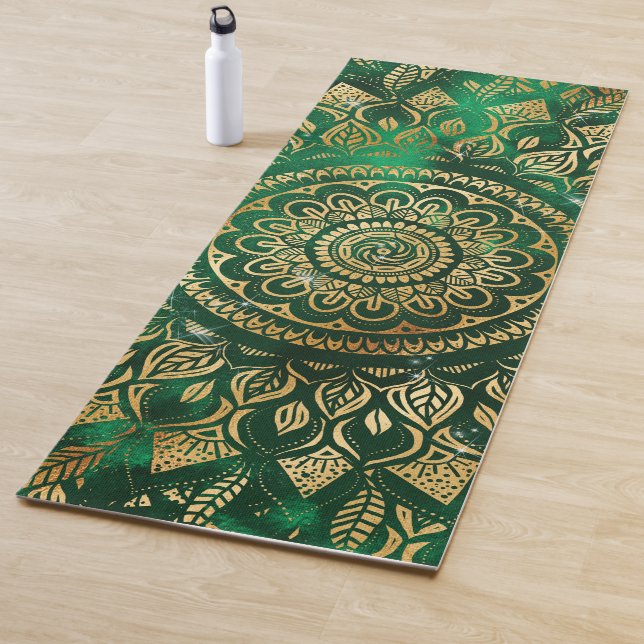 Elegant Gold Green Mandala Floral Yoga Mat (In Situ)