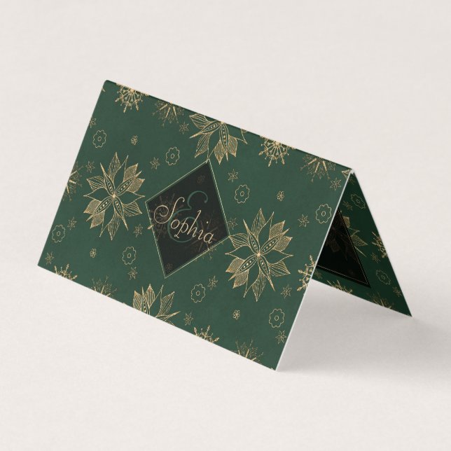 Elegant Gold Green Poinsettias Snowflakes Design Business Card (Front)