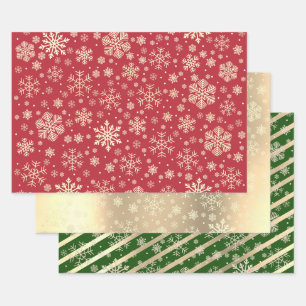Elegant Gold Green Red Christmas Snowflake Pattern Wrapping Paper Sheet
