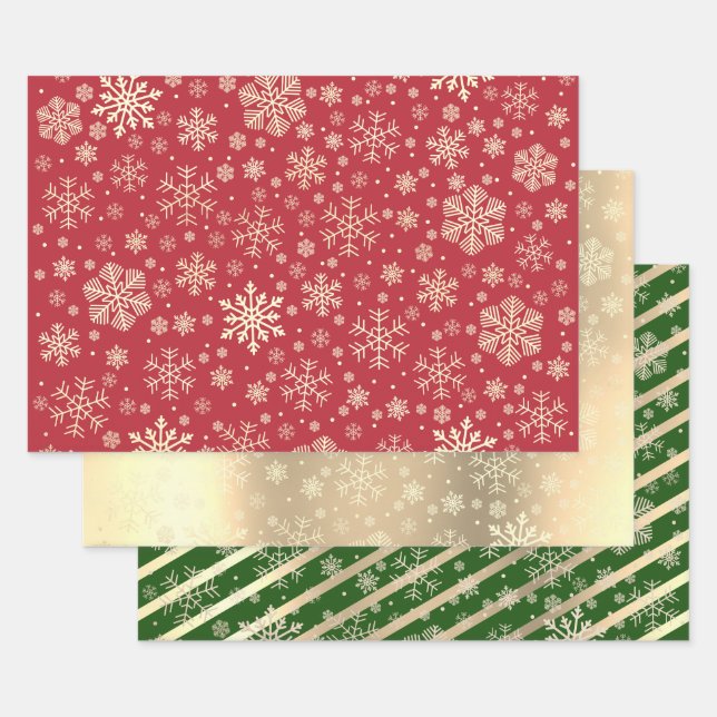 Elegant Gold Green Red Christmas Snowflake Pattern Wrapping Paper Sheet (Set)