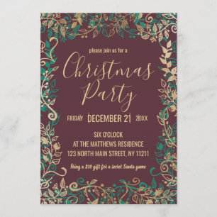 Elegant Gold Green Red Floral Christmas Party Invitation