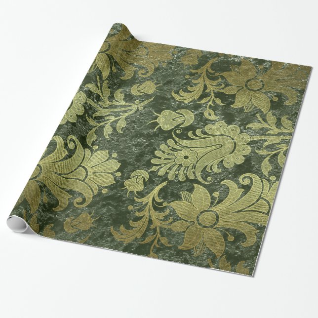 Elegant gold green royal damask floral pattern wrapping paper (Unrolled)