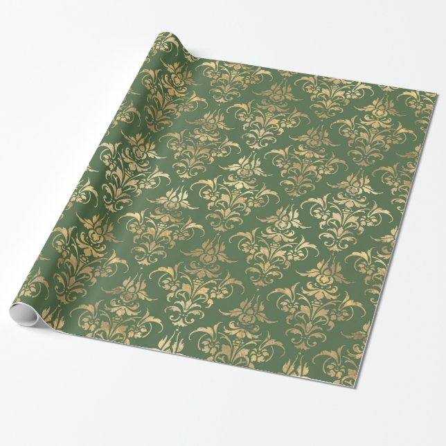 Elegant gold green royal damask floral pattern wrapping paper (Unrolled)