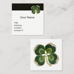 ELEGANT GOLD GREEN SHAMROCK JEWEL AND PEARLS White Square Business Card