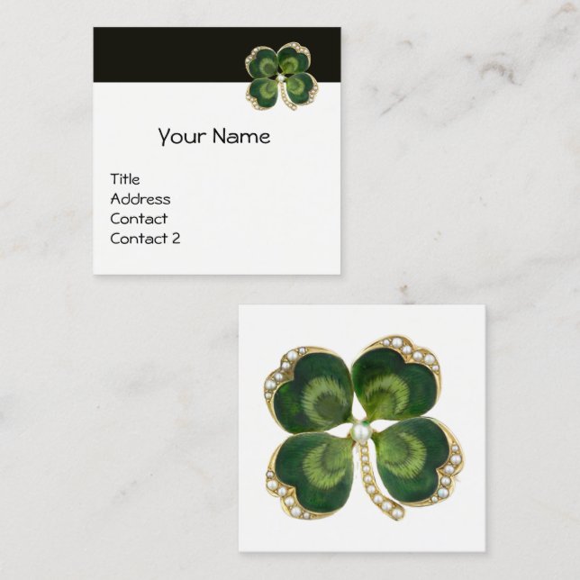 ELEGANT GOLD GREEN SHAMROCK JEWEL AND PEARLS White Square Business Card (Front/Back)