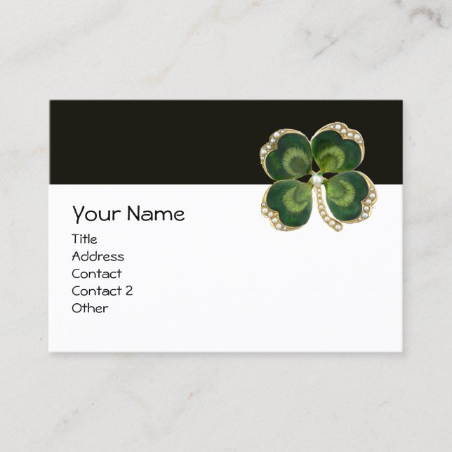 ELEGANT GOLD GREEN SHAMROCK JEWEL WITH PEARLS BUSINESS CARD (Front)