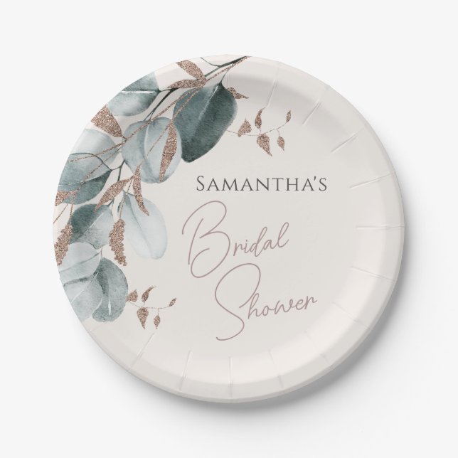 Elegant Gold Green Sparkling Leaves Bridal Shower Paper Plate (Front)