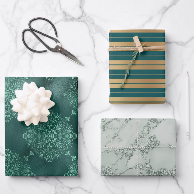 Elegant Gold Green Stripes Glitter Damask Gift Wrapping Paper Sheet (Front)