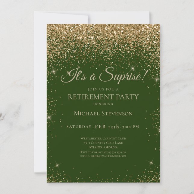 Elegant Gold Green Surprise Retirement Party Invitation (Front)