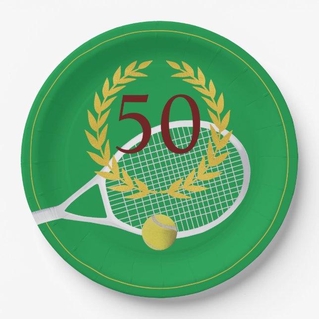 Elegant Gold Green Tennis 50th Birthday Paper Plate (Front)